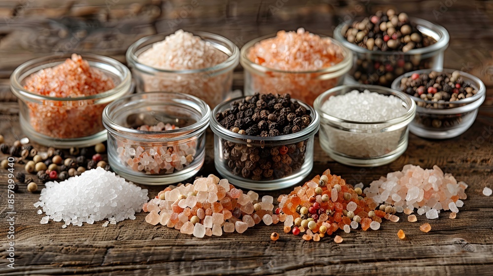 Poster assortment of salts and peppers in glass jars and small bowls on rustic wooden surface. generative a