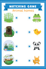 Animal homes. Where do these animals live? Find animal homes. Educational children game. Matching game worksheet for kids.