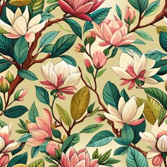 Fototapeta premium Seamless pattern of magnolia branches adorned with lush foliage and blooming flowers, creating a charming, Generative AI