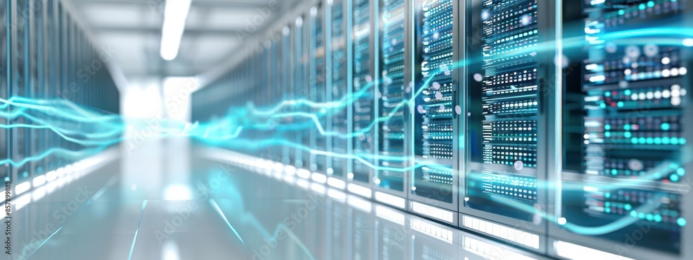 Poster a high-tech server room with rows of servers, glowing blue lines of data flowing between them. the s