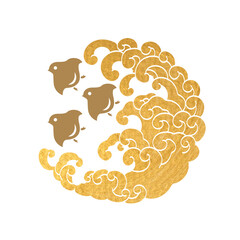 Japanese wave background with crane birds or herons element vector. Hand drawn ocean sea decorations in vintage style. Gold watercolor painting with art abstract banner design