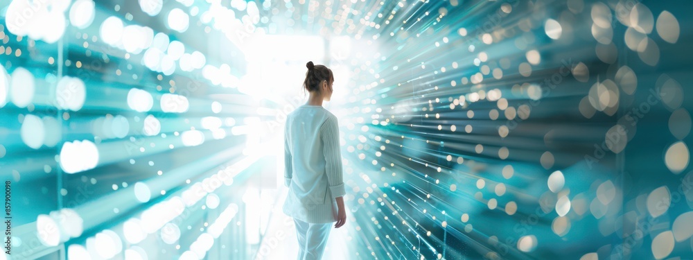 Poster a human figure standing in front of a holographic interface, surrounded by floating data streams and