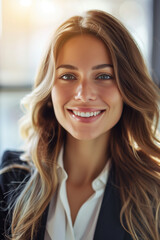 Fototapeta premium portrait of a young and beautiful smiling business woman woman wearing a suit in a modern office