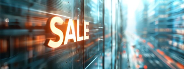 A massive banner with the word 'SALE' draped over the side of a skyscraper, visible from the street below, style realistic 3D rendering.