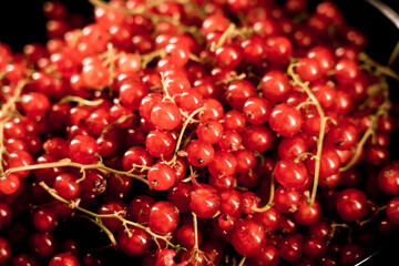 Red currants in a plate on a black background.red currant isolate.Berry concept