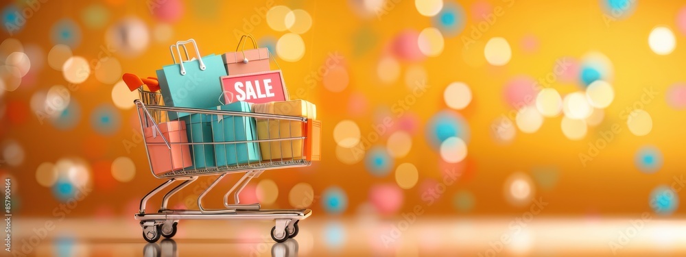 Poster a realistic 3d rendering of a shopping cart filled with colorful items, with a large 'sale' sign att