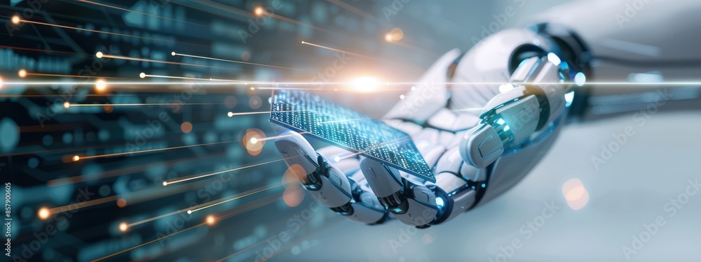 Aufkleber a robotic hand holding a glowing blue data chip, with lines and codes emanating from it. the backgro