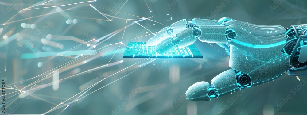 Aufkleber a robotic hand holding a glowing blue data chip, with lines and codes emanating from it. the backgro