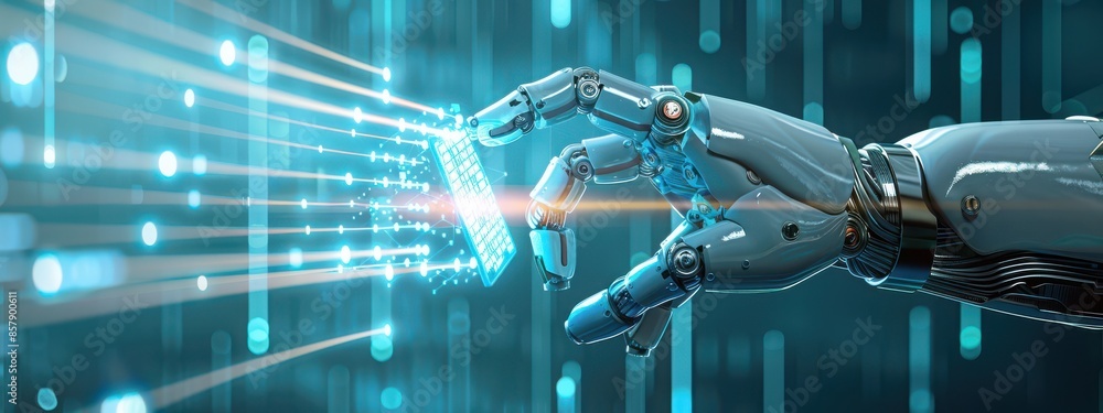 Poster a robotic hand holding a glowing blue data chip, with lines and codes emanating from it. the backgro