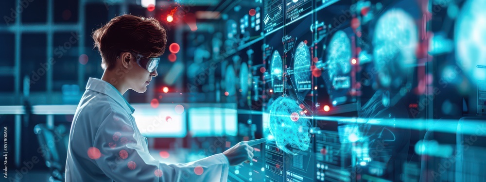 Poster a scientist in a lab surrounded by floating holographic screens displaying real-time data analysis a