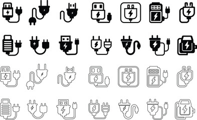set of various charges icons flat and line collection isolated on transparent background. charging vector format for various devices smartphone laptop tablet and smartwatch AC sockets with power plugs