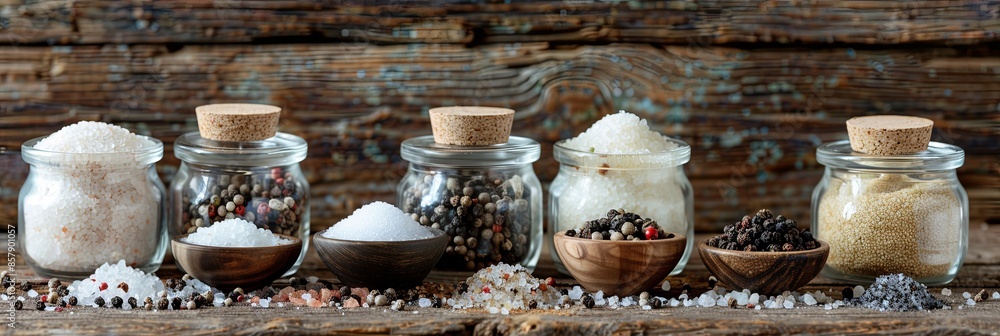 Poster Glass jars and bowls filled with different types of salt and pepper are arranged on a rustic wooden surface. Generative AI