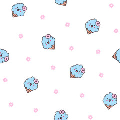 Cute kawaii cotton candy with a smile. Seamless pattern. Sweet sugar cartoon food character. Hand drawn style. Vector drawing. Design ornaments.
