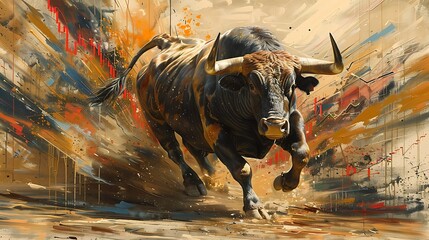 A hyper-realistic painting of a powerful bull in full charge, signifying a bullish market with sleek, upward-moving stock charts in the background.
