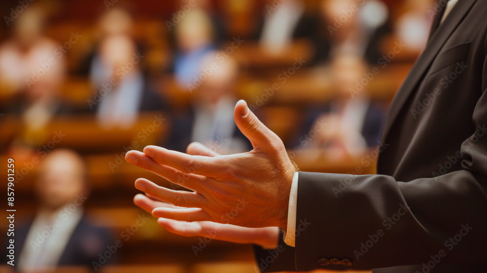 Poster A professional figure extending a hand in a gesture, with blurred audience in the background, symbolizing a concept of interaction or presentation. Generative AI