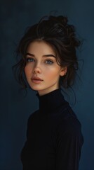 Fototapeta premium Serene Half Body Portrait of Beautiful Woman in Contemplation on Navy Blue Background with Natural Light Glow
