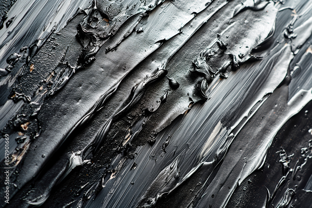 Poster close-up of textured black paint strokes on a surface, abstract background, concept of creativity. g
