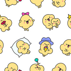 Cute popcorn character in different poses. Seamless pattern. Funny cartoon food. Hand drawn style. Vector drawing. Design ornaments.