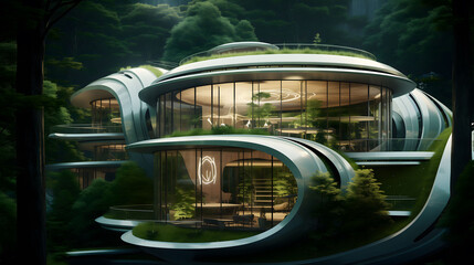 Fototapeta premium Futuristic eco-friendly office building with glass windows and greenery in a lush forest environment