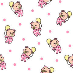 Cute baby girl. Seamless pattern. Cartoon little newborn character. Hand style. Vector drawing. Design ornaments.