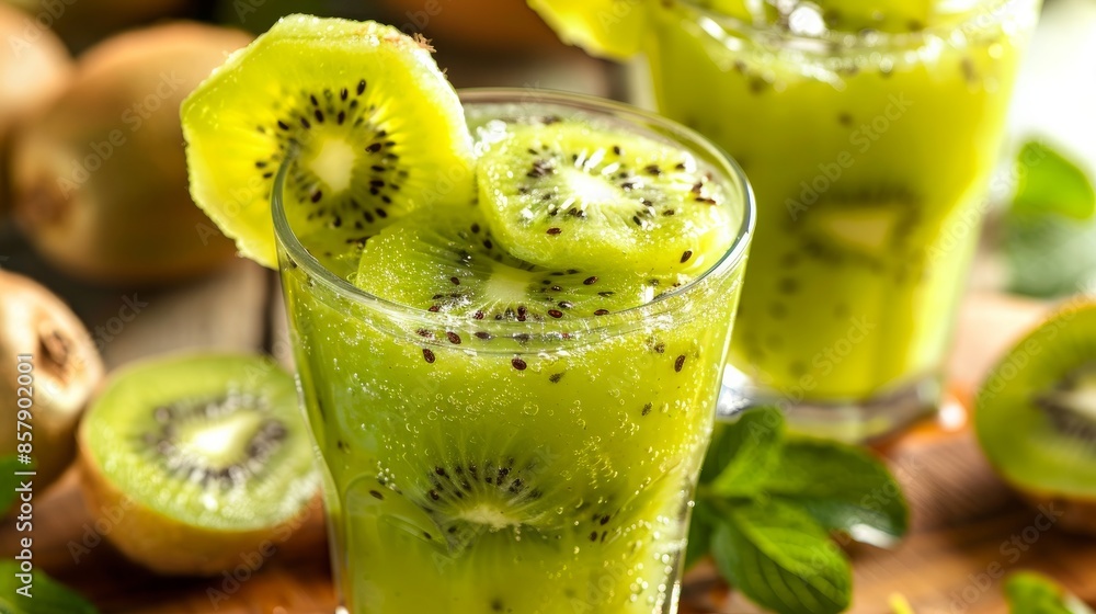 Wall mural a refreshing blend of kiwi juices topped with slices of fresh kiwi fruit