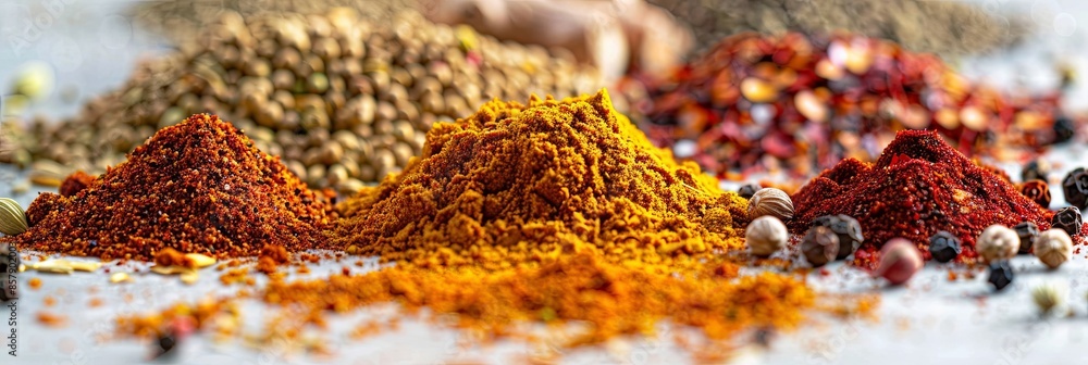 Poster a close-up shot of turmeric, paprika, and coriander spices spread out on a white surface. the vibran