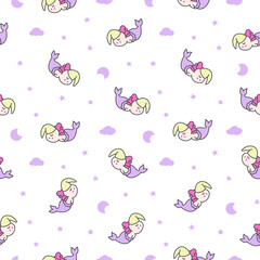 Cute kawaii axolotl mermaid. Seamless pattern. Cartoon fantasy animal characters. Hand drawn style. Vector drawing. Design ornaments.