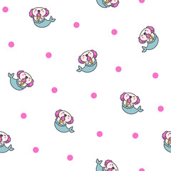 Cute kawaii axolotl mermaid. Seamless pattern. Cartoon fantasy animal characters. Hand drawn style. Vector drawing. Design ornaments.