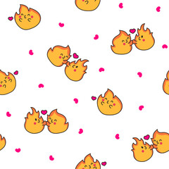 Cute kawaii little fire. Seamless pattern. Cartoon flame characters. Hand drawn style. Vector drawing. Design ornaments.