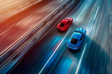 Obraz premium red car driving in motion, blue car on high speed . Blue car rushing along a high-speed highway