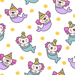 Obraz premium Cute kawaii axolotl mermaid. Seamless pattern. Cartoon fantasy animal characters. Hand drawn style. Vector drawing. Design ornaments.