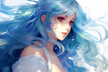 Fototapeta premium Vibrant anime character with long blue hair and colorful highlights.