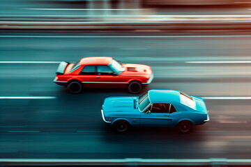 Obraz premium red car driving in motion, blue car on high speed . Blue car rushing along a high-speed highway