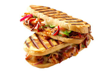 Grilled BBQ Chicken panini sandwich on crusty bread isolated on white background