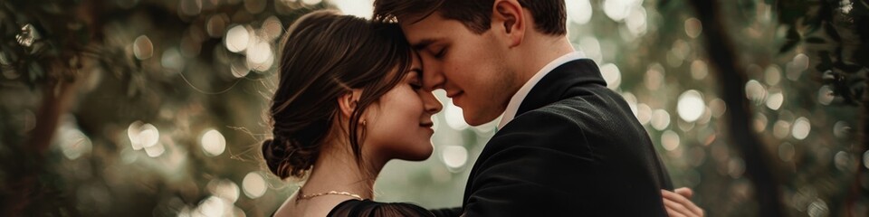 Fototapeta premium Elegant Woman in Black Suit Embracing Young Lover: Vintage Historical Couple in Love Amidst Moody Woodland Bokeh Background. Perfect for Valentine's Day, Newlyweds, Honeymoon, and Romantic Concepts. A
