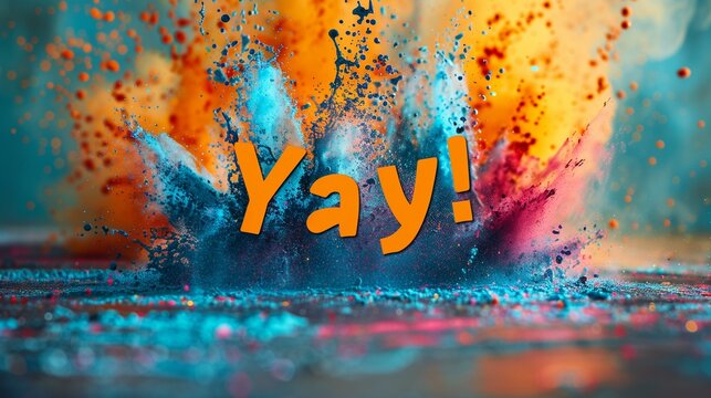 text Yay! in bright tone color palette colorful powder explosion, happiness triumph