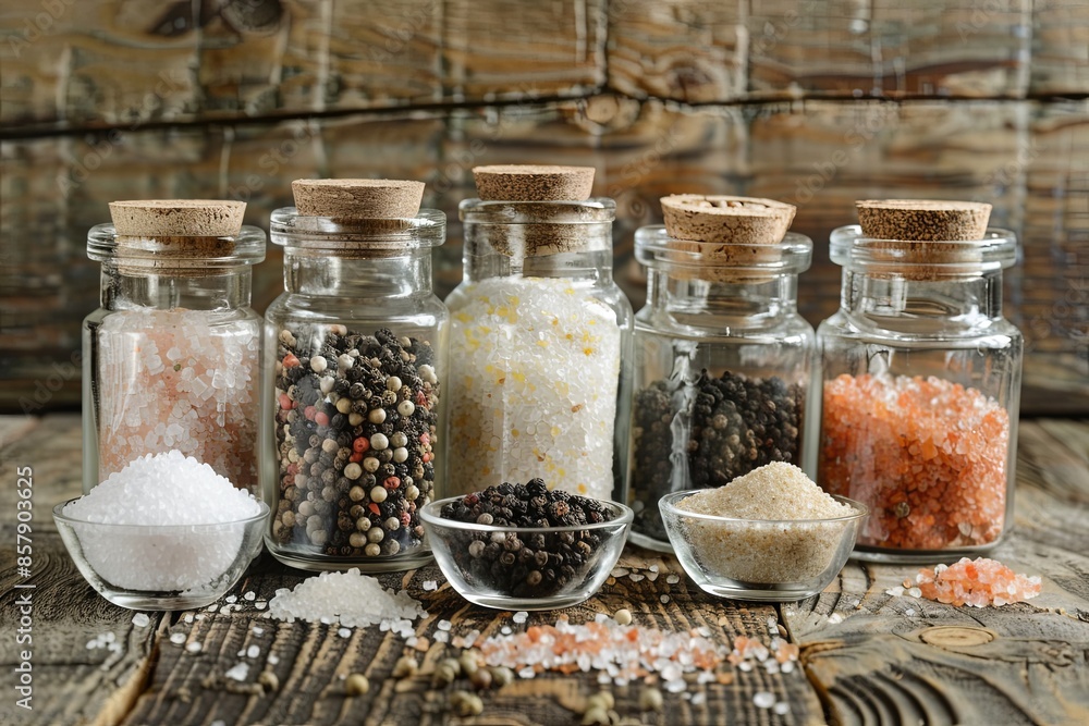 Poster assortment of salt and pepper in glass jars and small bowls on a rustic wooden surface. generative a