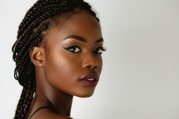 stunning young african woman with long braided hair highresolution portrait photo on light background