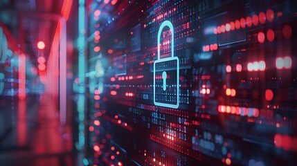 Obraz premium Illustrates the integration of user privacy, security encryption, and secure internet access using future technology and cybernetics, symbolized by a screen padlock.