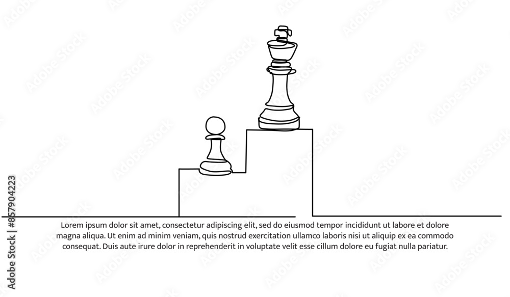 Poster continuous one line design of progress from pawn to king in chess.minimalist style vector illustrati