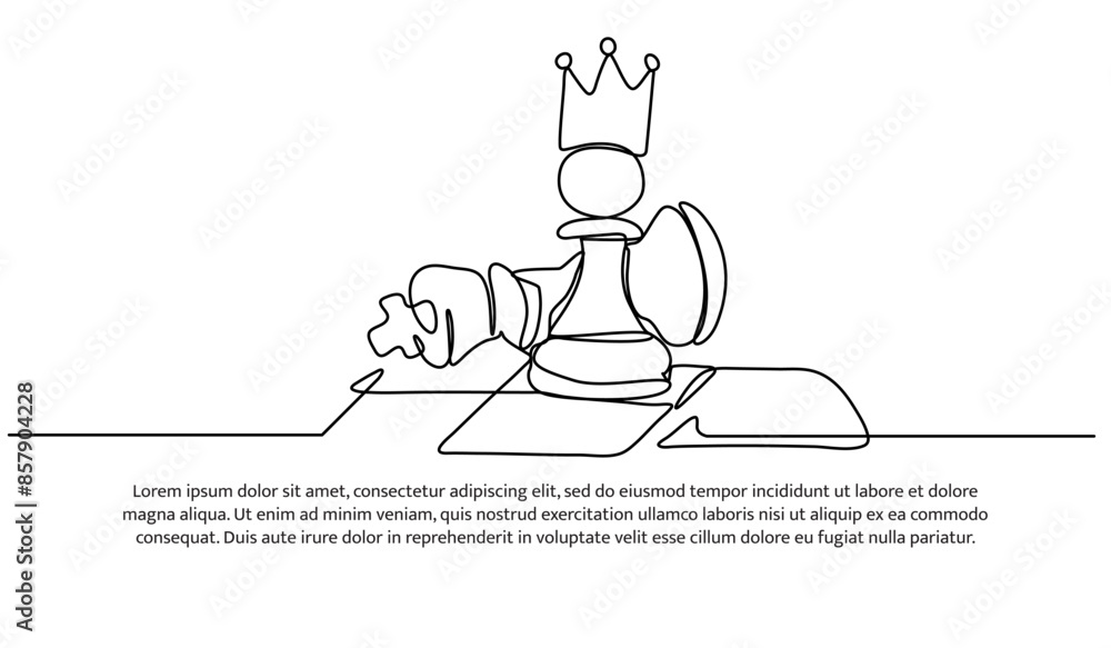 Poster continuous one line design of progress from pawn to king in chess.minimalist style vector illustrati