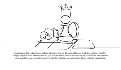 Continuous one line design of progress from pawn to king in chess.Minimalist style vector illustration on white background.