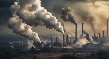 Chemical industries releasing toxic smokes into the air and causing serious pollution of the earth. Environmental destruction increasing climate change and global warming, dull and dusky theme

