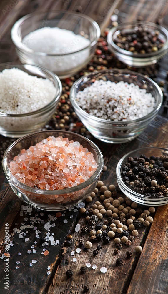 Poster assortment of salt and pepper types in glass jars and bowls on a rustic wood surface. generative ai