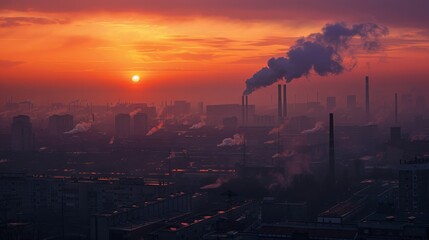 Fototapeta premium Sunrise over a factory town with visible air pollution layers from a high vantage point