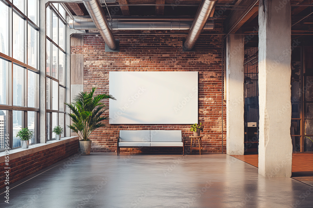 Poster a loft-style interior with exposed brick, large windows, and a blank white canvas central, modern an