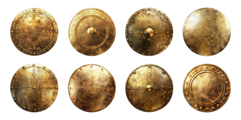 Collection of round golden metal shield isolated on a transparent background, cut-out, PNG