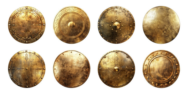 Collection of round golden metal shield isolated on a transparent background, cut-out, PNG