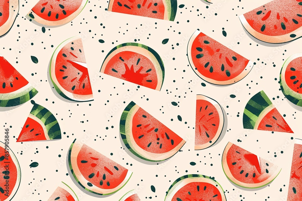 Fototapete A close-up view of a pattern with sliced watermelon with black seeds and green rinds on a light-colored background. Generative AI