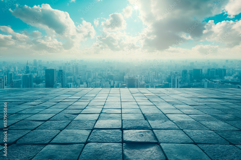 Poster elevated view of a cityscape with a stone platform foreground and cloudy sky, for mockup or concept 
